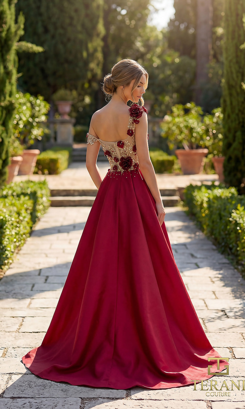 Terani Couture 262E7097 Taupe Wine formal evening dress back view with illusion back with 3D floral appliqué, wine satin overskirt with sweep train, gala gown