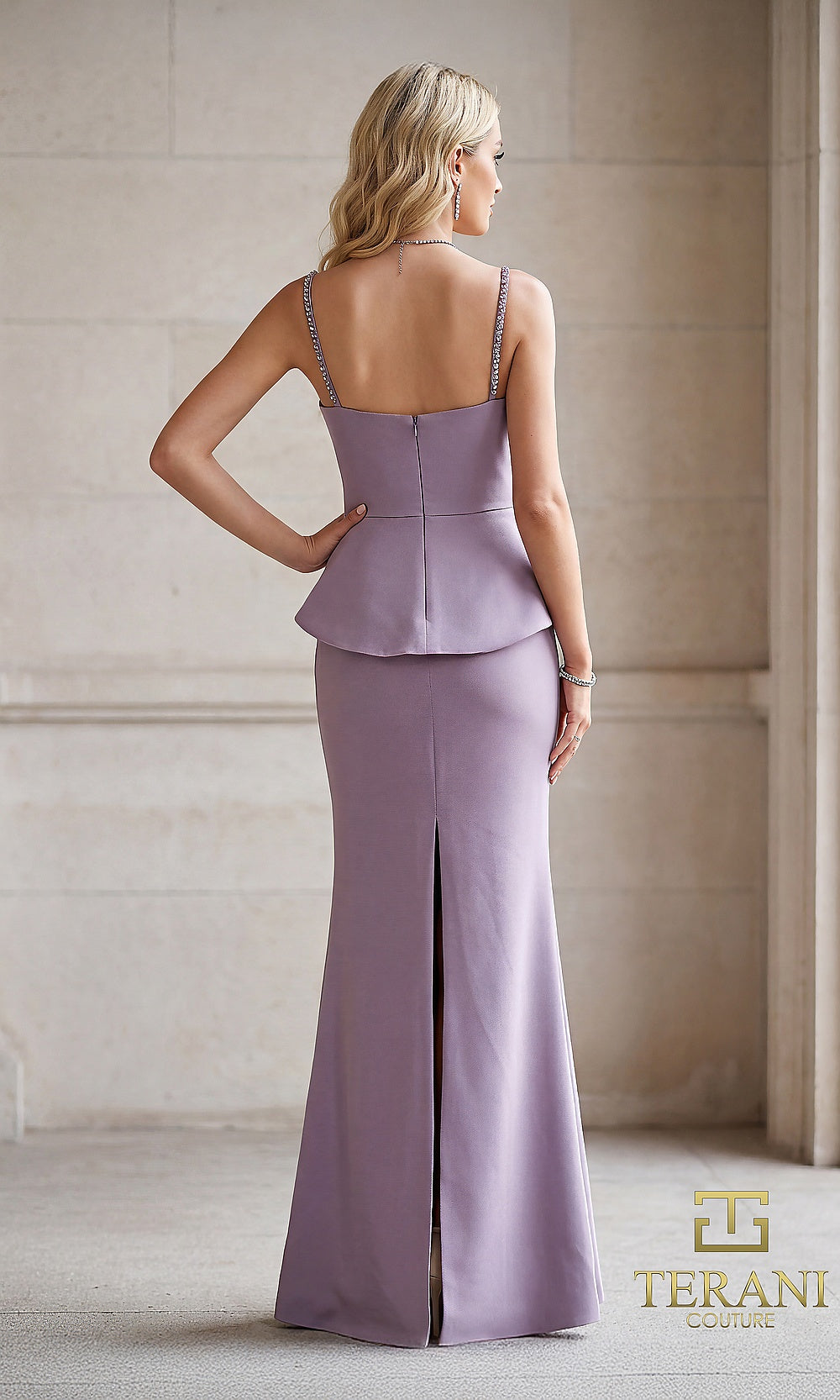 Terani Couture 262E7099 Heather formal evening dress back view with spaghetti-strap crepe peplum column, back slit, gala gown
