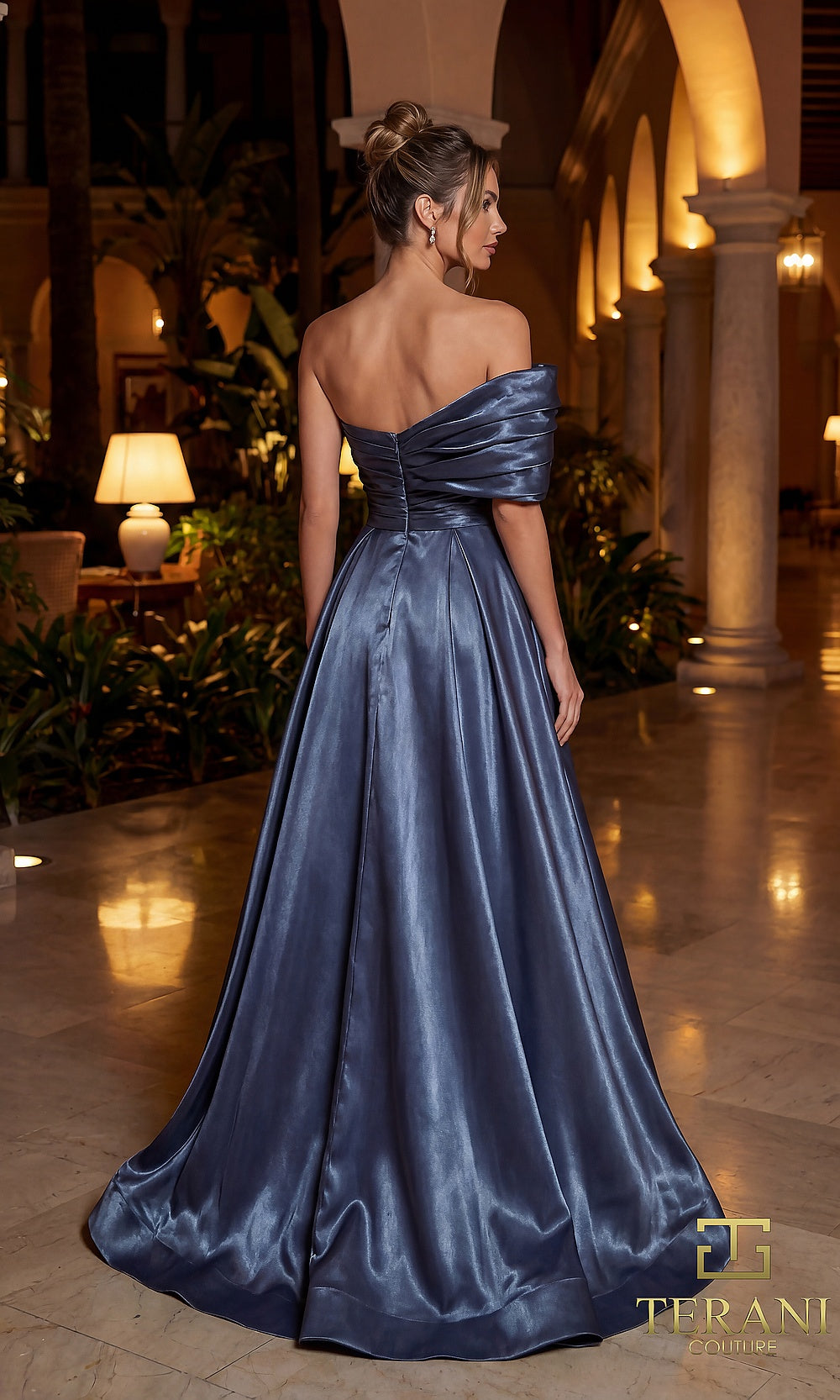 Terani Couture 262E7103 Slate formal evening dress back view with off-shoulder asymmetric pleated satin bodice, full A-line skirt, gala gown