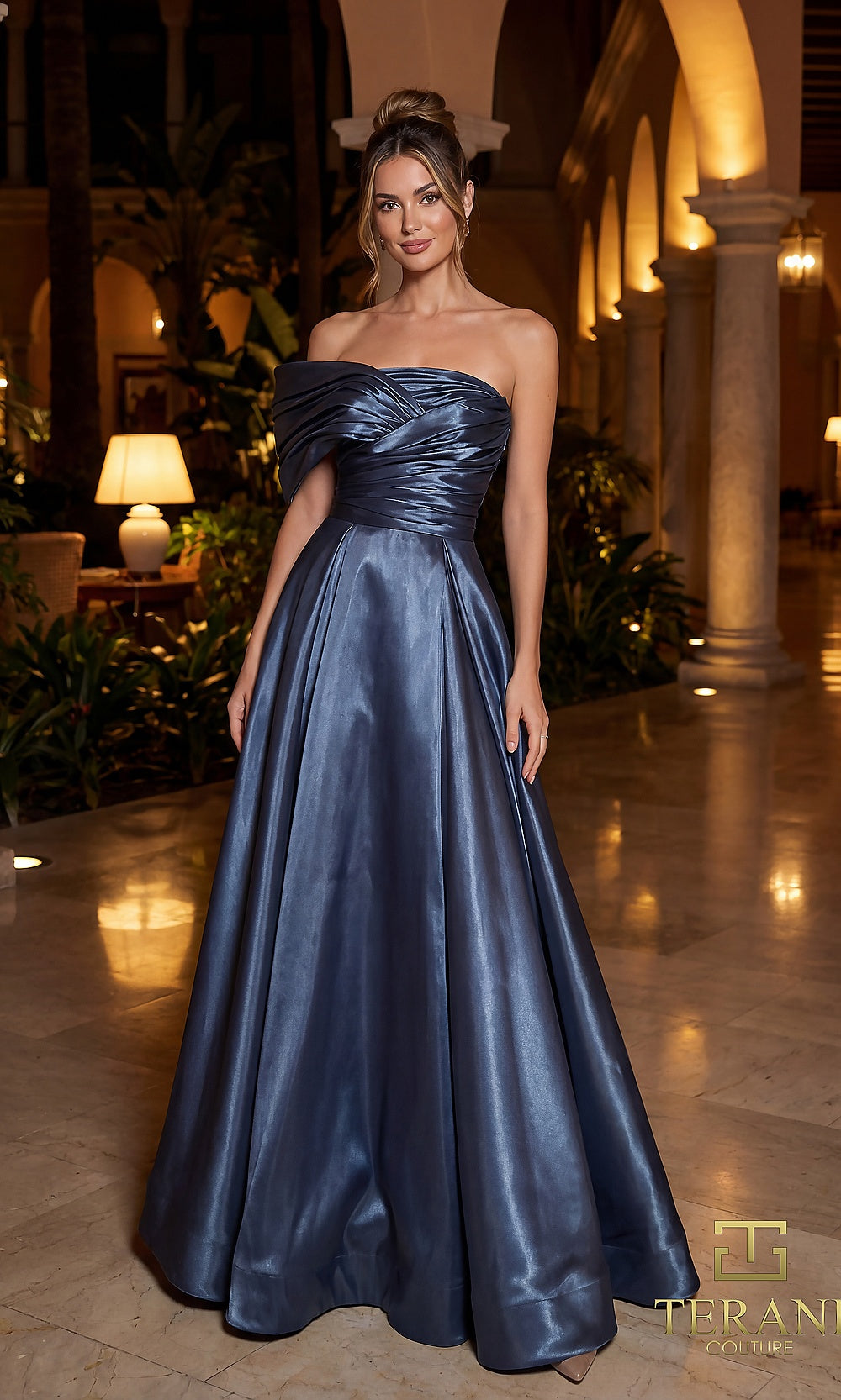 Terani Couture 262E7103 Slate formal evening dress front view with asymmetric off-shoulder pleated drape bodice, shimmering satin A-line ballgown, black tie event dress