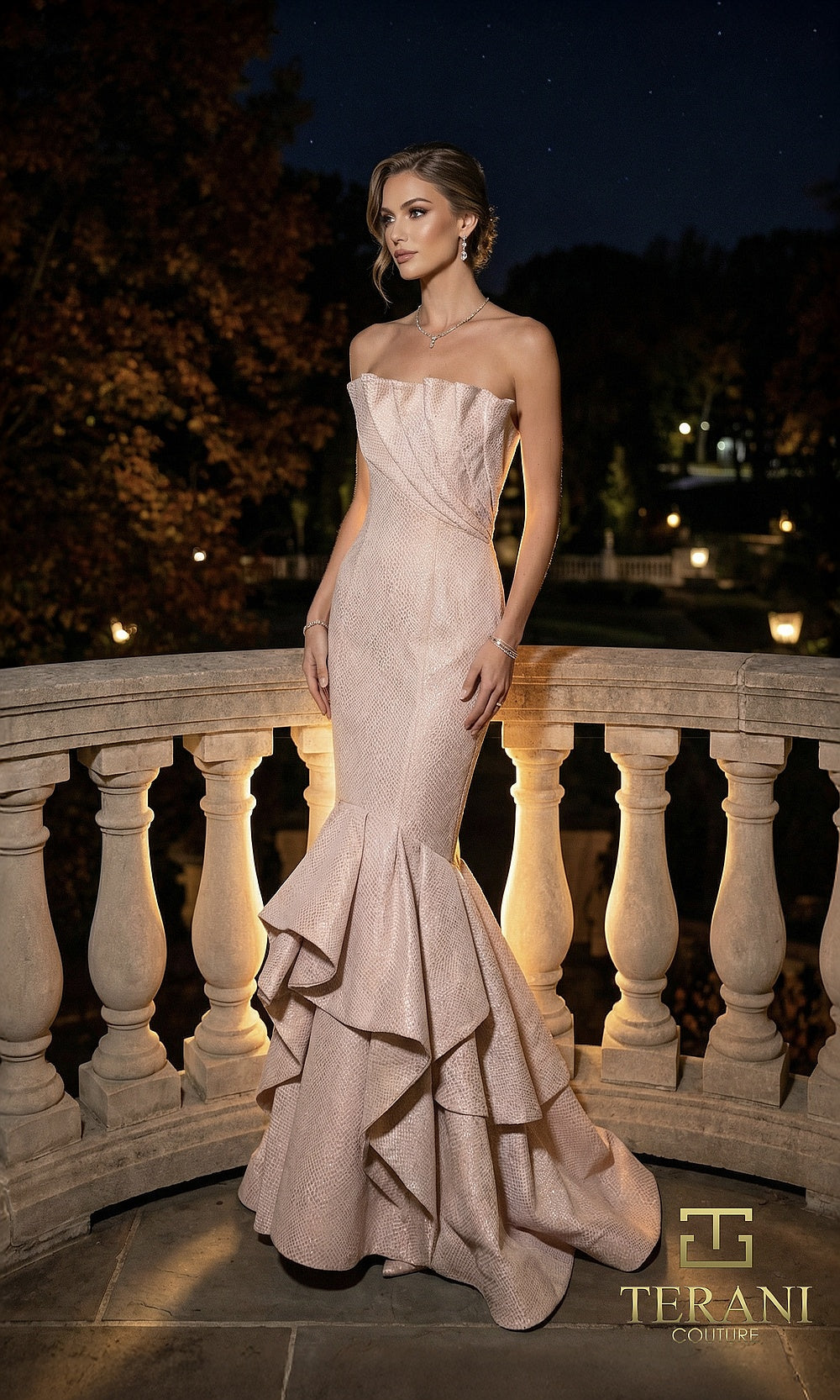 Terani Couture 262E7108 Champagne formal evening dress front view with strapless structured pleated neckline, textured jacquard mermaid with tiered ruffle skirt, black tie event dress