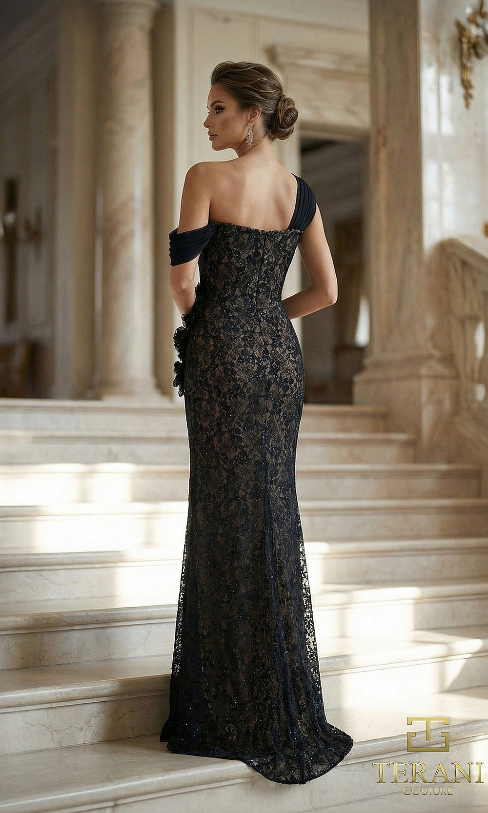 Terani Couture 262E7112 Black Nude formal evening dress back view with off-shoulder lace column, 3D floral hip appliqué, gala gown