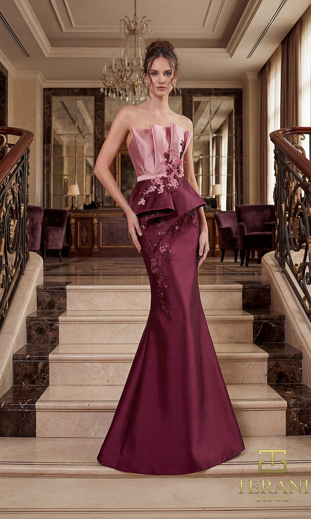 Terani Couture 262E7115 Rose Burgundy formal evening dress front view with strapless pleated rose bodice, burgundy peplum with floral appliqué, mikado satin mermaid, evening gown