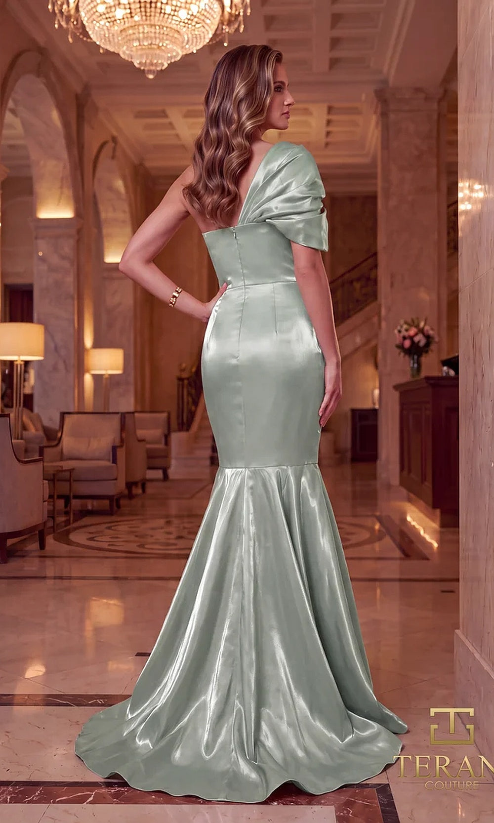 Terani Couture 262E7119 Sage formal evening dress back view with one-shoulder draped liquid satin mermaid, flared sweep train, evening gown