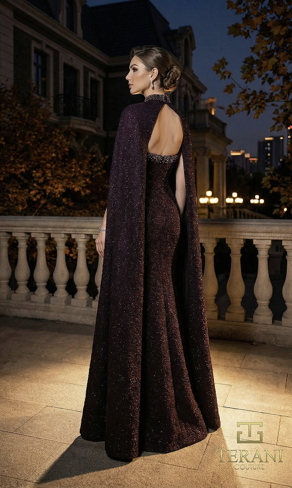 Terani Couture 262E7125 Wine formal evening dress back view with attached floor-length cape with keyhole open back, sparkling column gown, gala gown