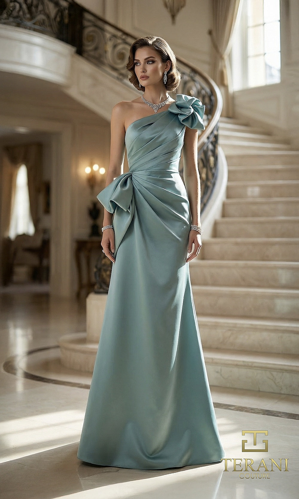 Terani Couture 262E7132 Aquamarine formal evening dress front view with one-shoulder bow neckline, ruched crepe column, side drape, black tie event dress
