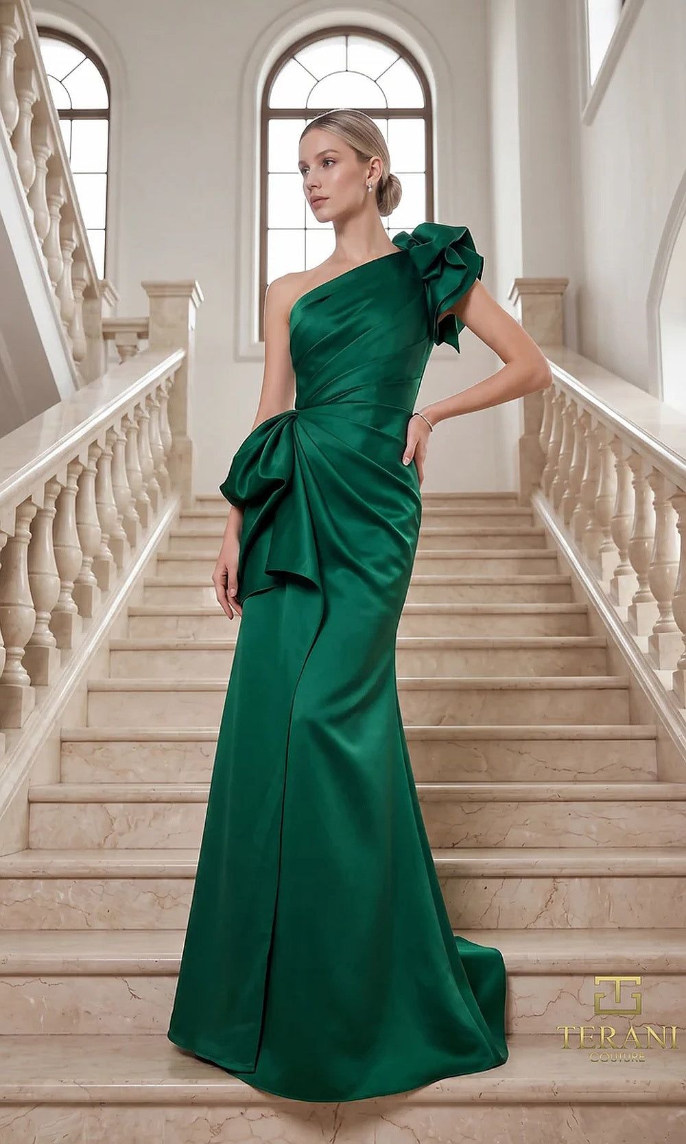 Terani Couture 262E7132 Emerald formal evening dress front view with one-shoulder ruffle bow neckline, ruched satin column with sculpted side bow, evening gown