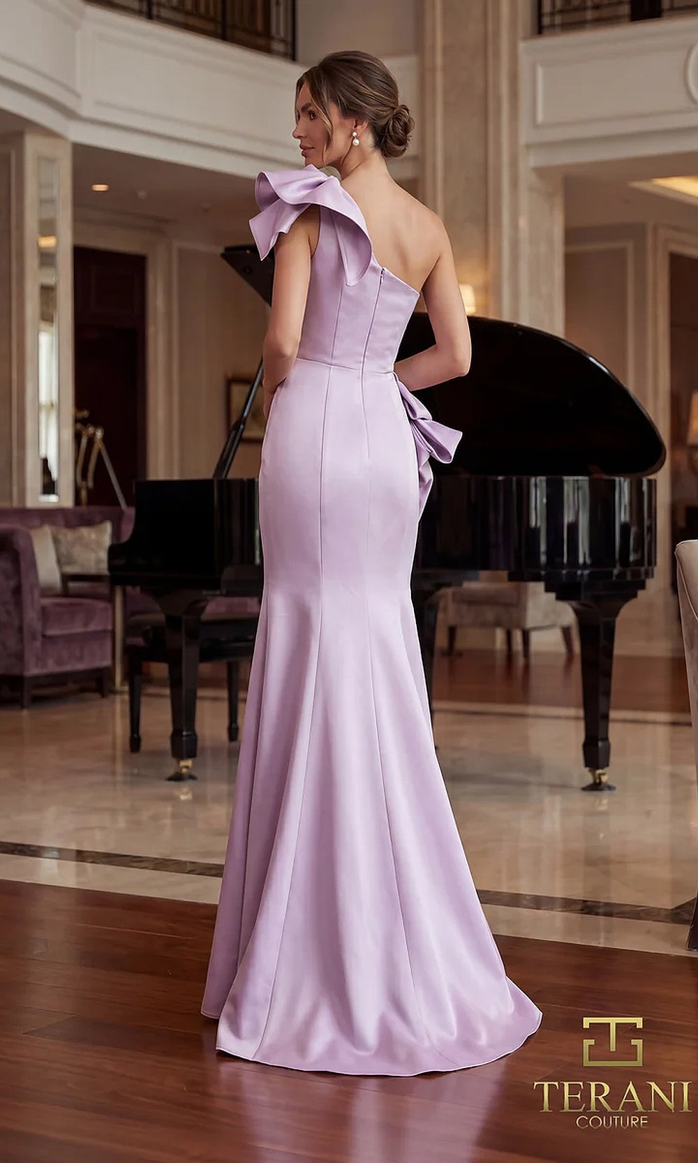 Terani Couture 262E7132 Lavender formal evening dress back view with one-shoulder ruffle bow, satin fitted mermaid with back bow, evening gown