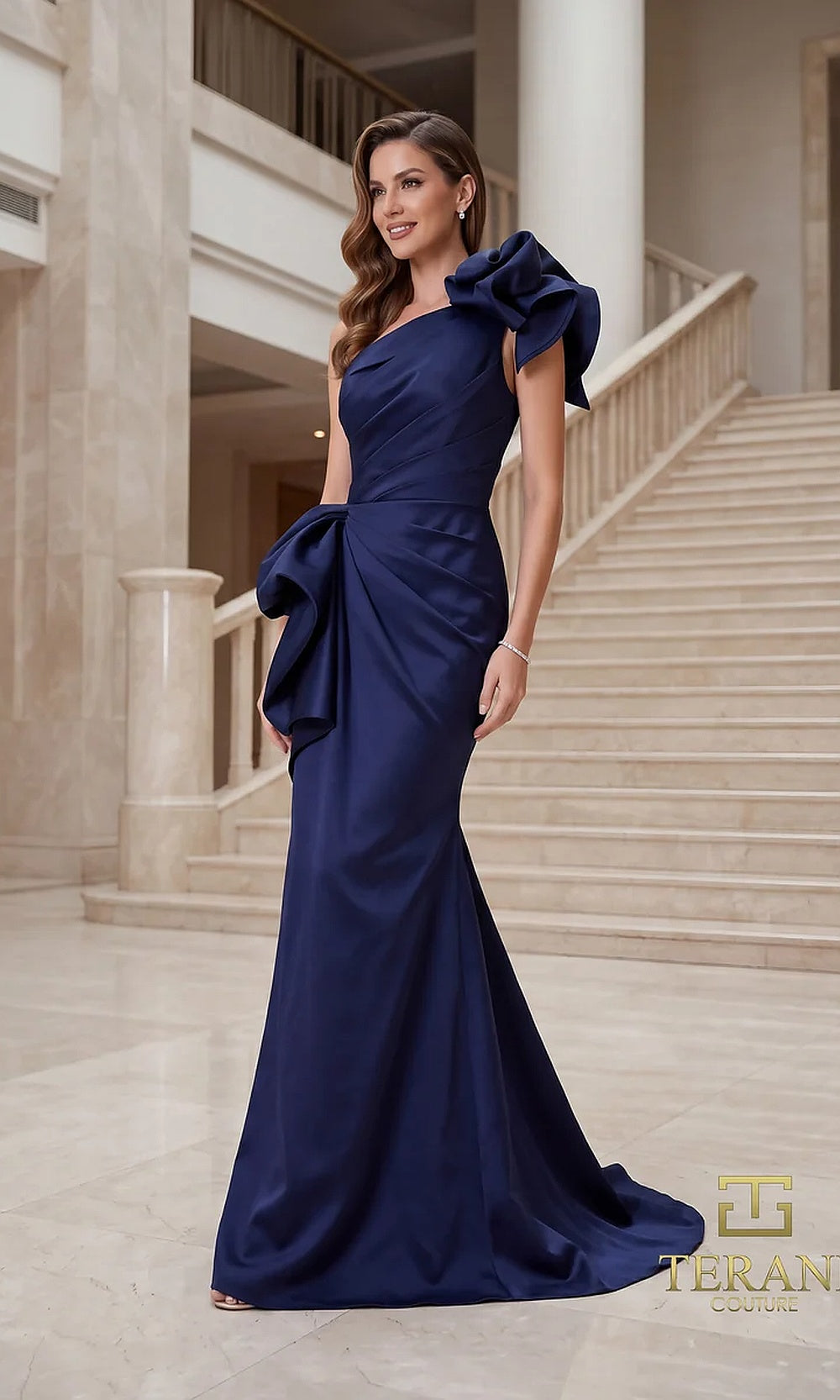 Terani Couture 262E7132 Navy formal evening dress front view with one-shoulder ruffle bow neckline, ruched satin column with sculpted side bow, black tie event dress