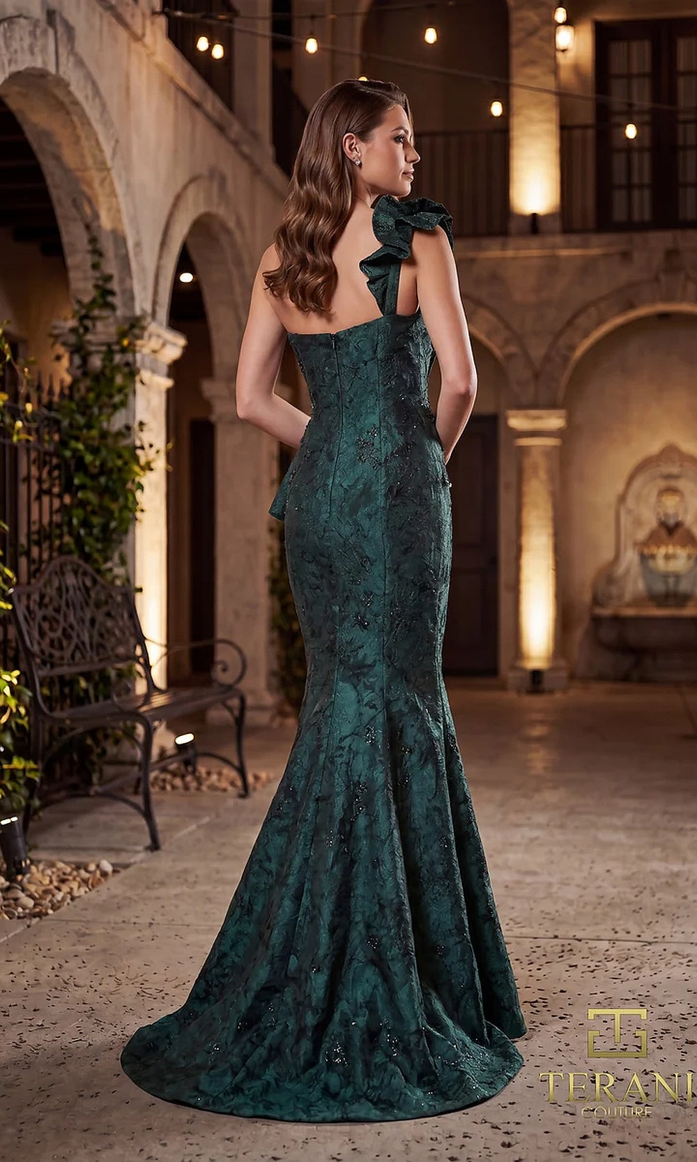 Terani Couture 262E7136 Evergreen formal evening dress back view with one-shoulder ruffle jacquard mermaid, flared train, evening gown