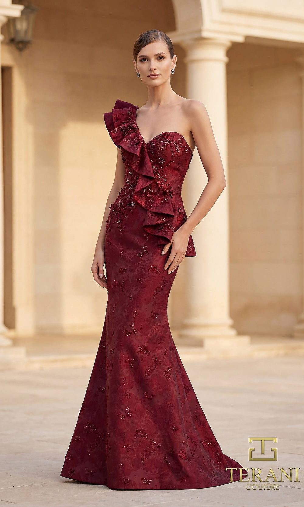 Terani Couture 262E7136 Merlot formal evening dress front view with one-shoulder cascading ruffle neckline, sequin-accented jacquard fitted mermaid, black tie event dress