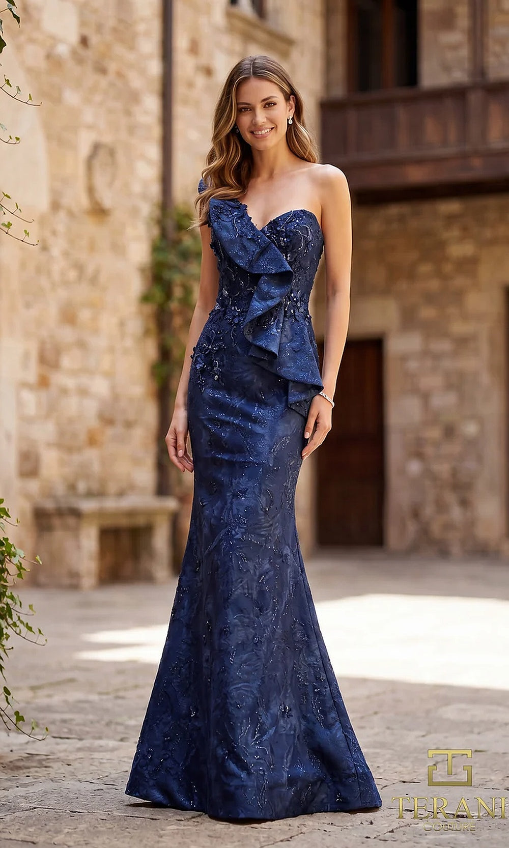 Terani Couture 262E7136 Midnight formal evening dress front view with one-shoulder cascading ruffle neckline, beaded jacquard fitted mermaid, evening gown