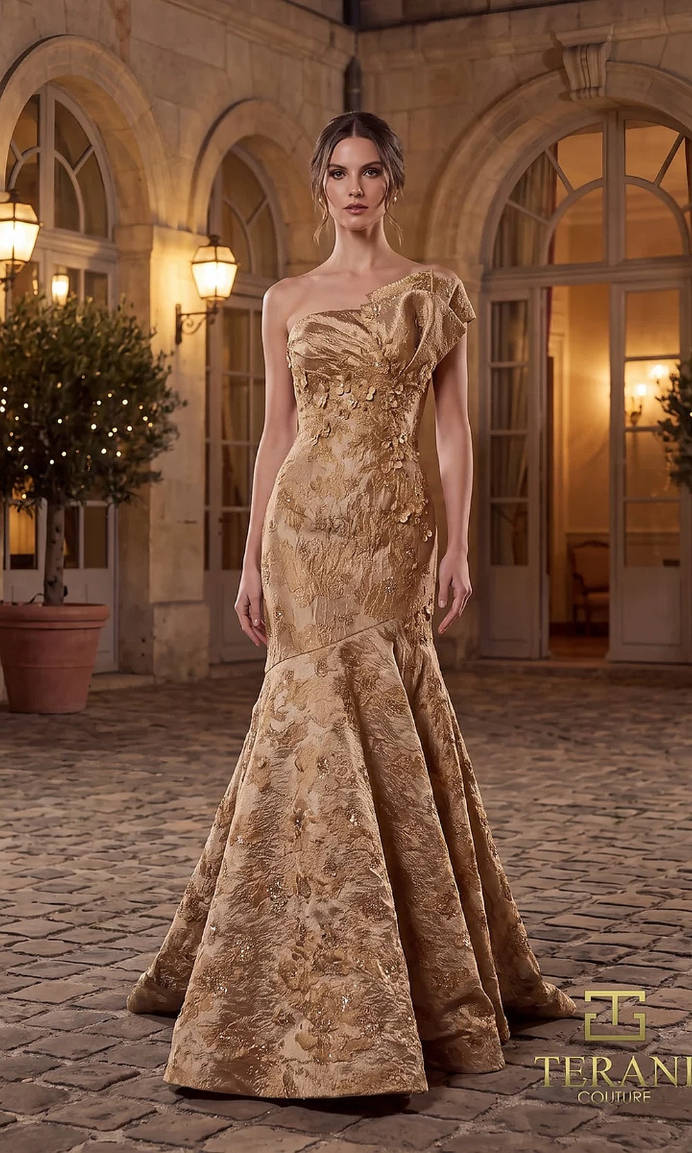 Terani Couture 262E7137 Cava formal evening dress front view with asymmetric one-shoulder draped neckline, metallic brocade jacquard mermaid, gala gown