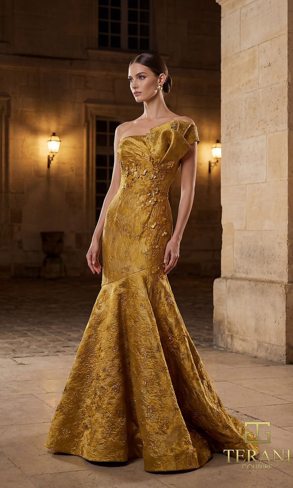 Terani Couture 262E7137 Gold formal evening dress front view with asymmetric one-shoulder draped neckline, metallic brocade jacquard mermaid, black tie event dress