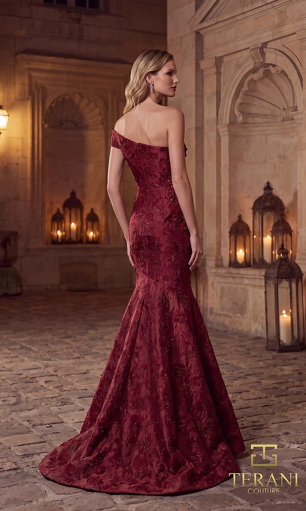Terani Couture 262E7137 Merlot formal evening dress back view with off-shoulder brocade jacquard mermaid, sweep train, black tie event dress