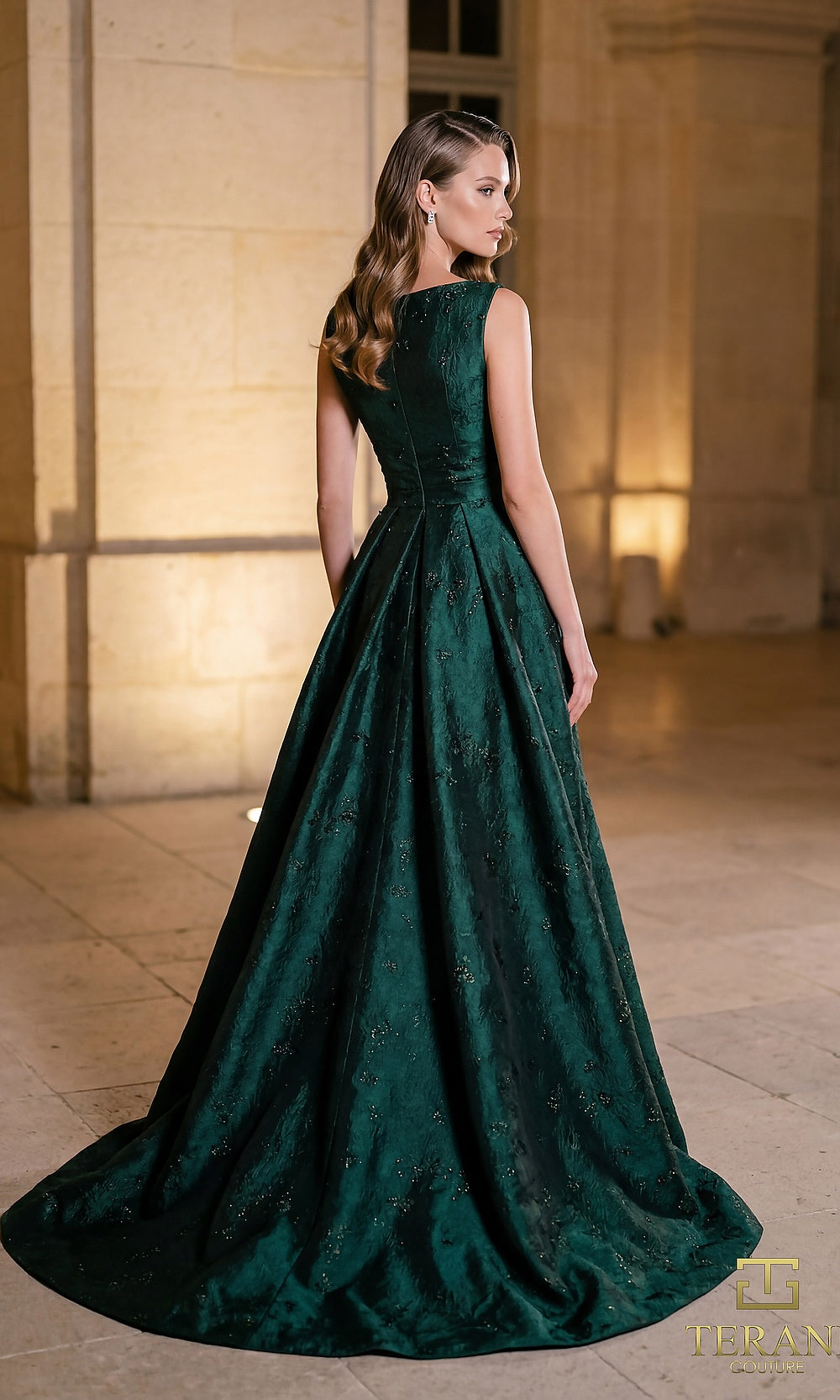 Terani Couture 262E7138 Evergreen formal evening dress back view showing the full-length silhouette with sleeveless jacquard A-line, sweep train, gala gown