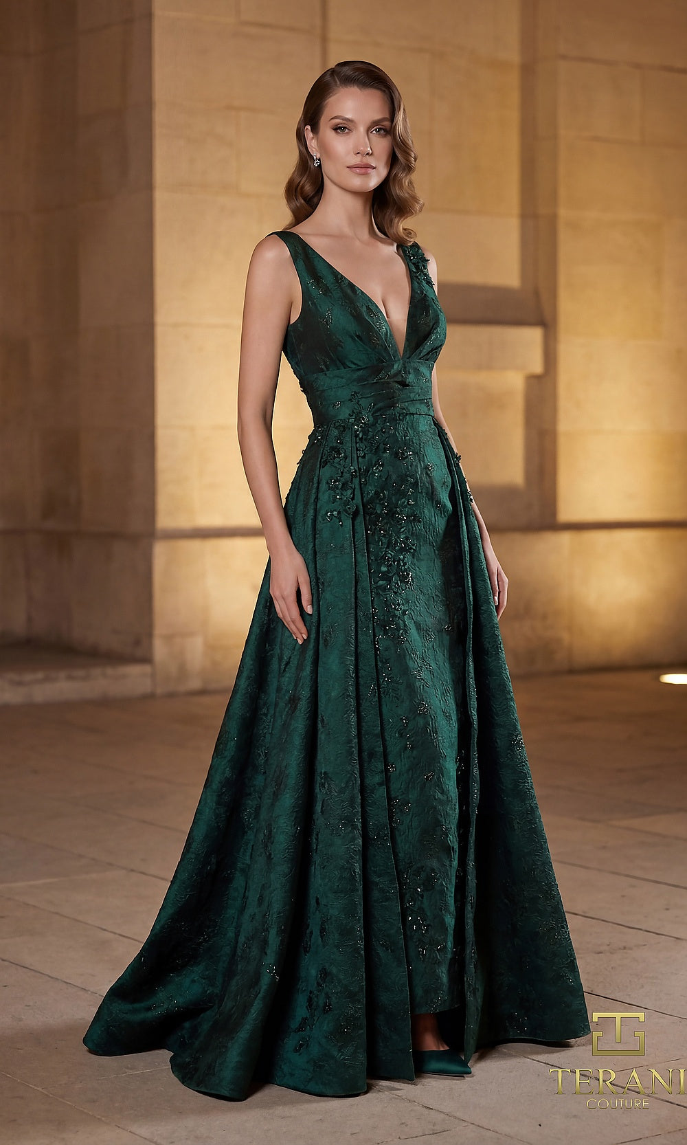 Terani Couture 262E7138 Evergreen formal evening dress front view with plunging V-neck sleeveless jacquard bodice with beaded appliqué, A-line with overskirt, black tie event dress