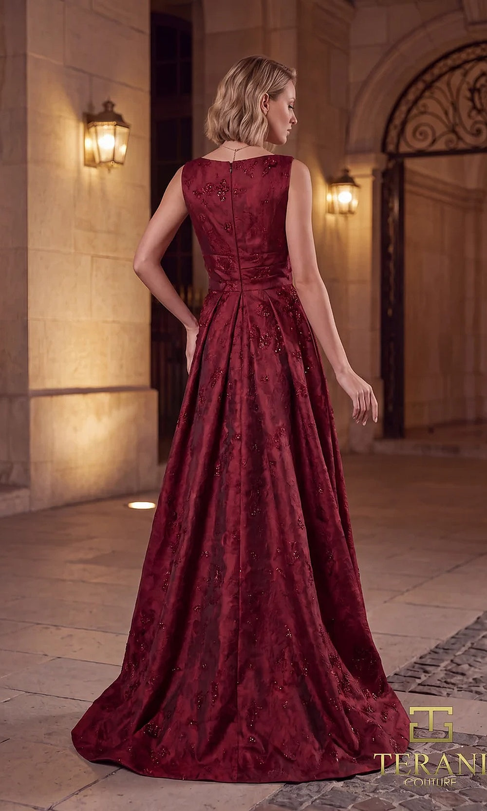 Terani Couture 262E7138 Merlot formal evening dress back view with sleeveless jacquard A-line, full sweep skirt, gala gown