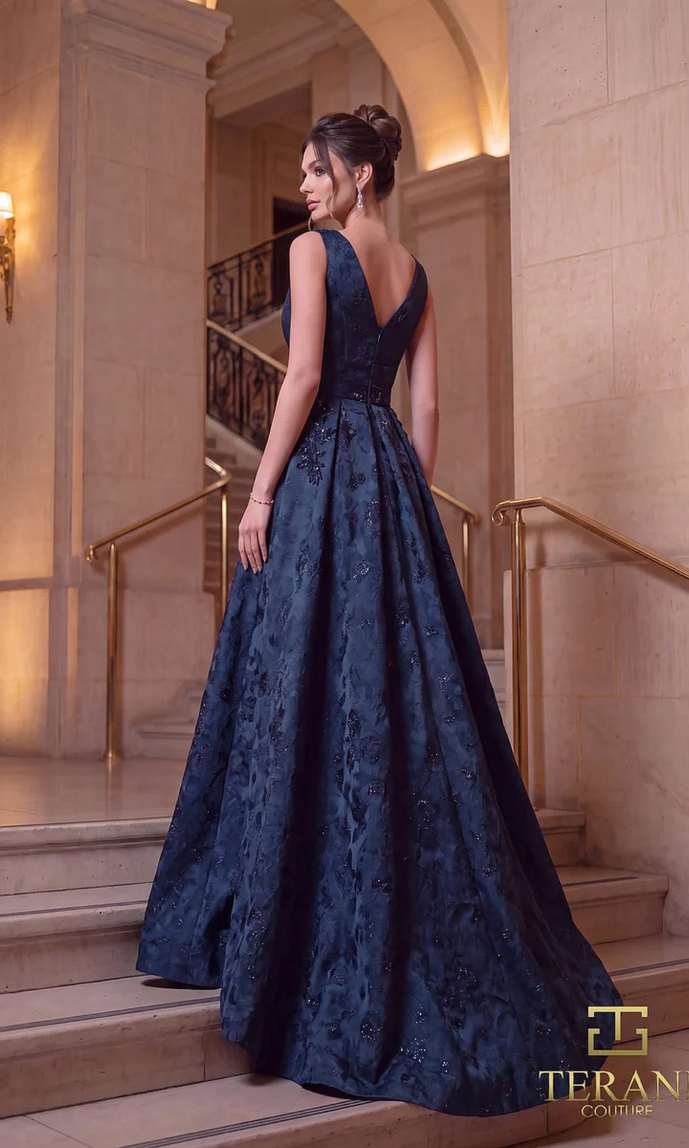 Terani Couture 262E7138 Midnight formal evening dress back view with sleeveless V-back jacquard A-line, full sweep skirt, black tie event dress