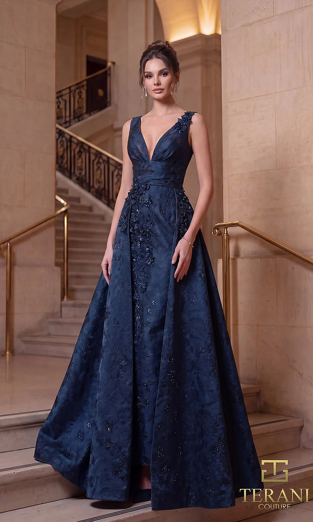 Terani Couture 262E7138 Midnight formal evening dress front view with plunging V-neck sleeveless jacquard bodice with beaded appliqué, A-line with overskirt, evening gown