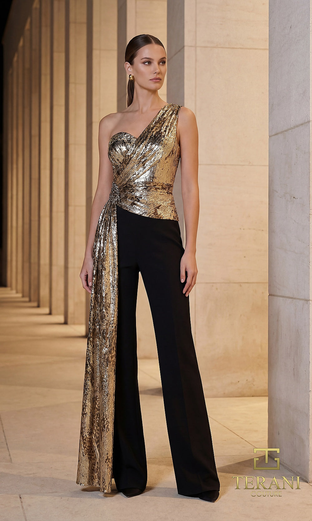 Terani Couture 262E7144 Black Gold Multi formal evening jumpsuit front view with one-shoulder metallic brocade draped bodice with cascading side sash, black wide-leg jumpsuit, black tie event dress