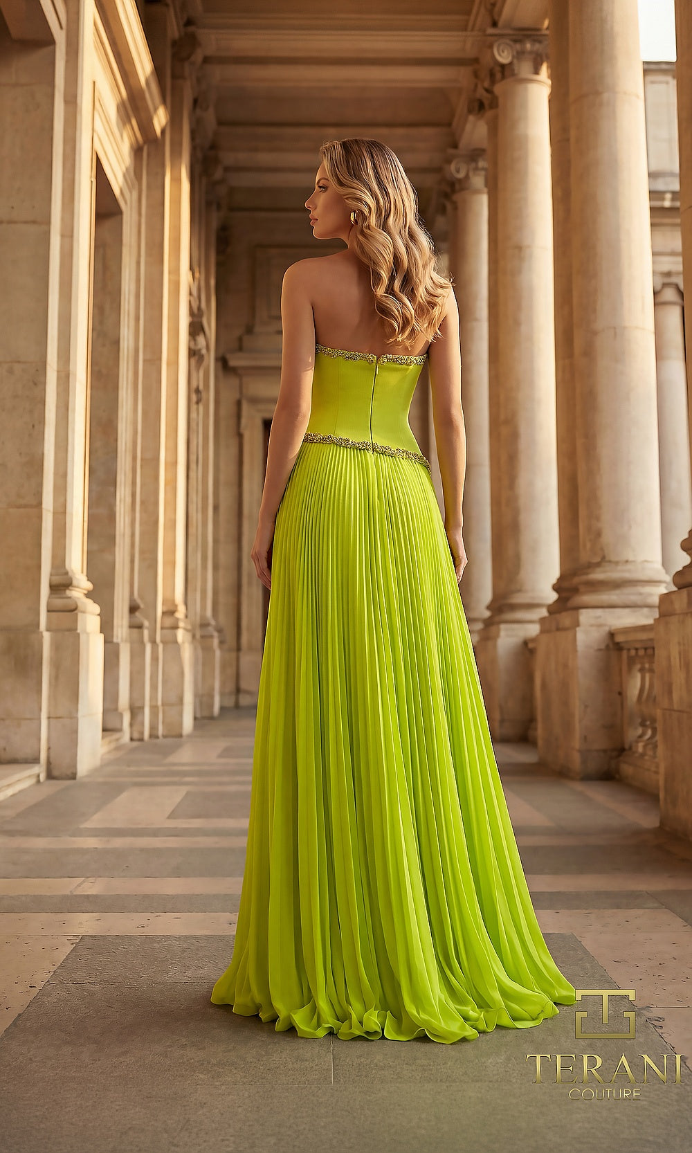 Terani Couture 262E7352 Citrine formal evening dress back view with strapless beaded trim, pleated chiffon A-line, black tie event dress
