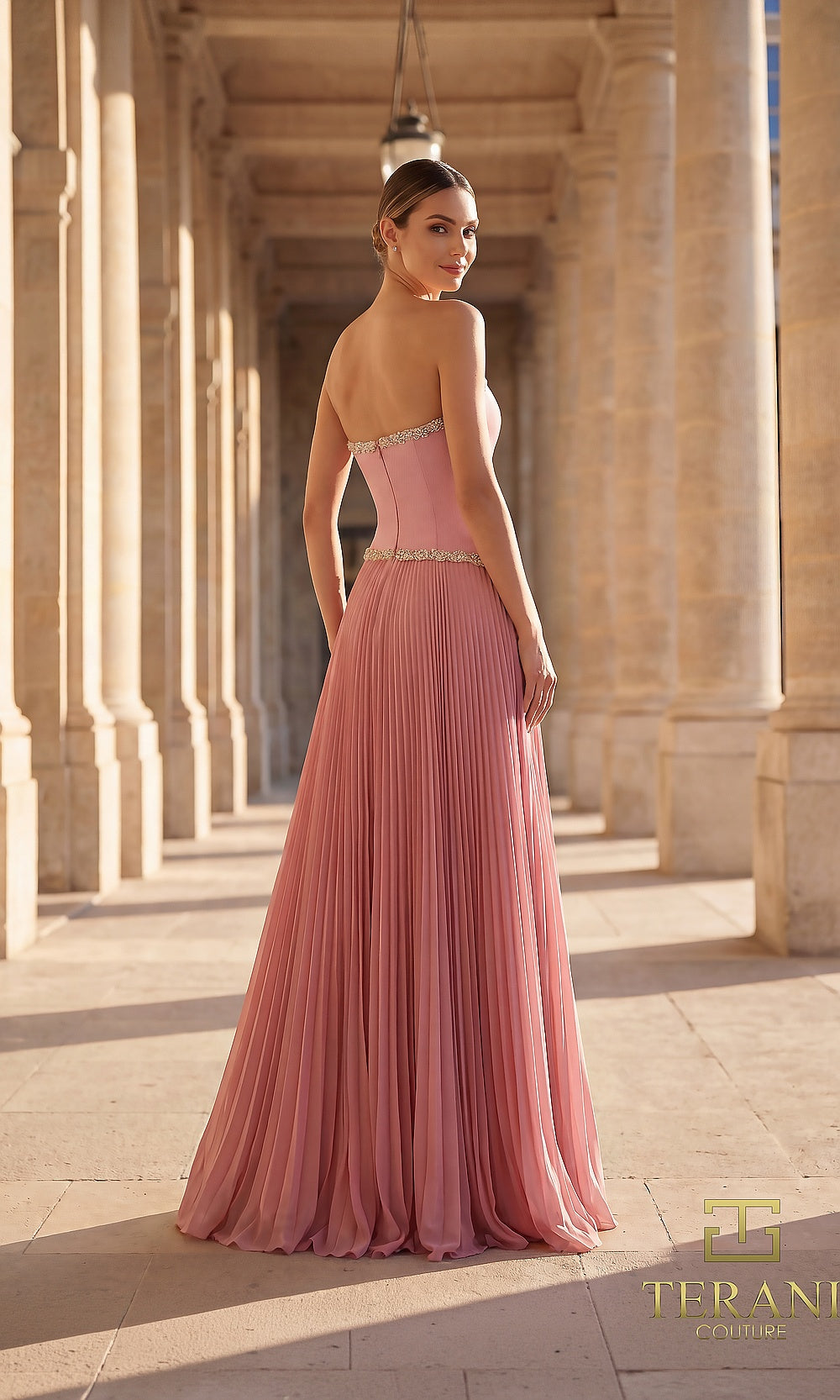 Terani Couture 262E7352 Mauve formal evening dress back view with strapless beaded trim, pleated chiffon A-line, evening gown