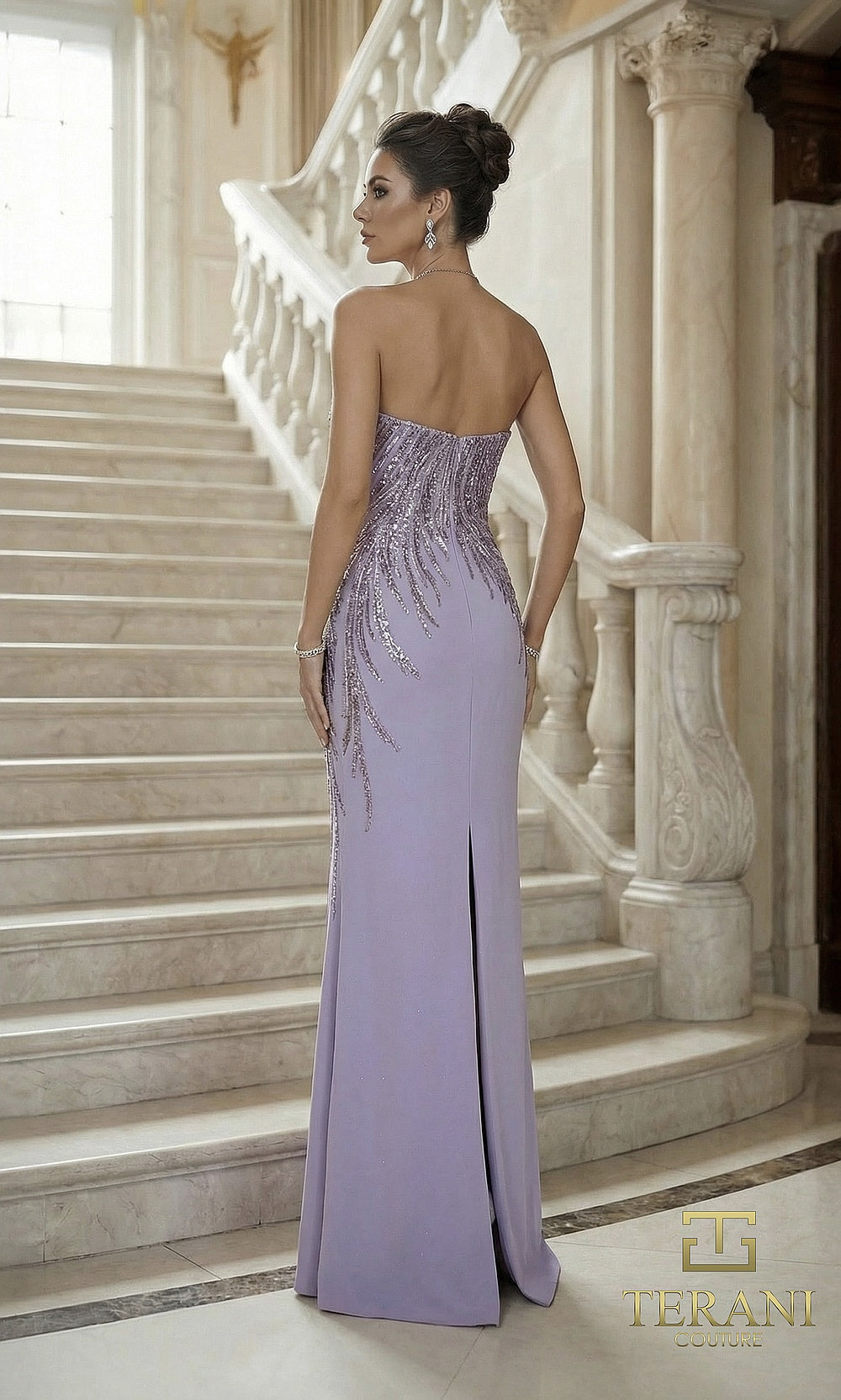 Terani Couture 262E7354 Wisteria formal evening dress back view with one-shoulder crepe column, beaded cascade, back slit, gala gown