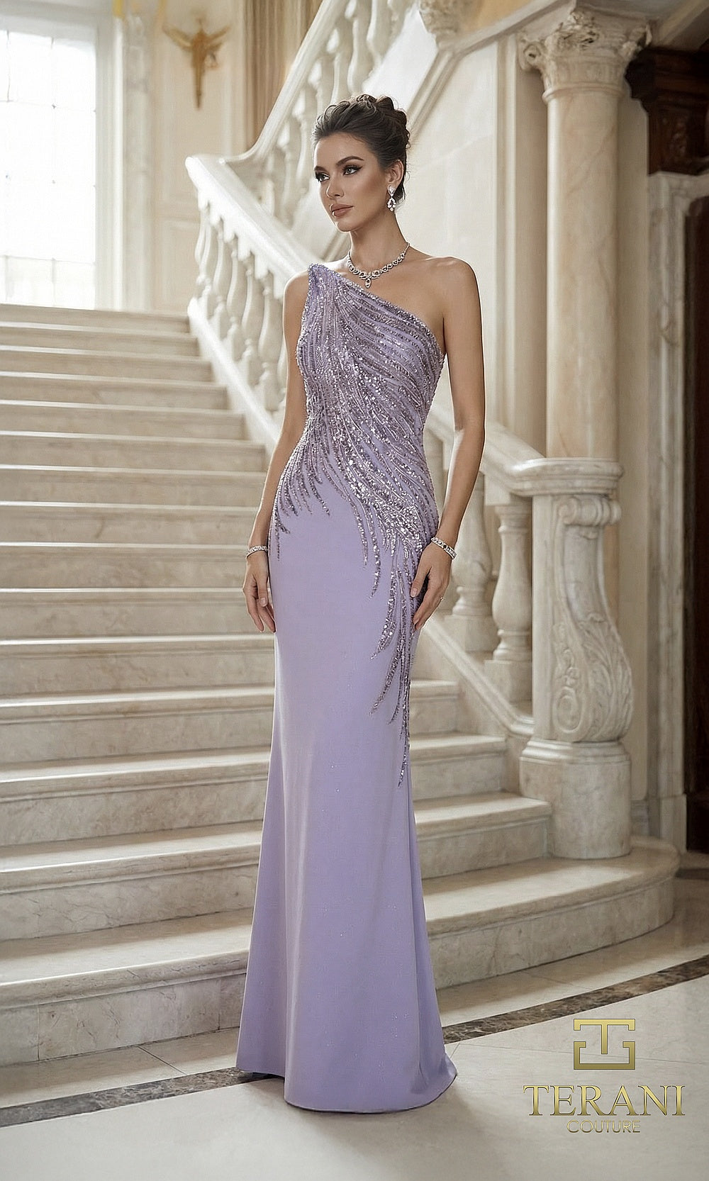 Terani Couture 262E7354 Wisteria formal evening dress front view with one-shoulder crepe column with cascading crystal beaded bodice embellishment, black tie event dress