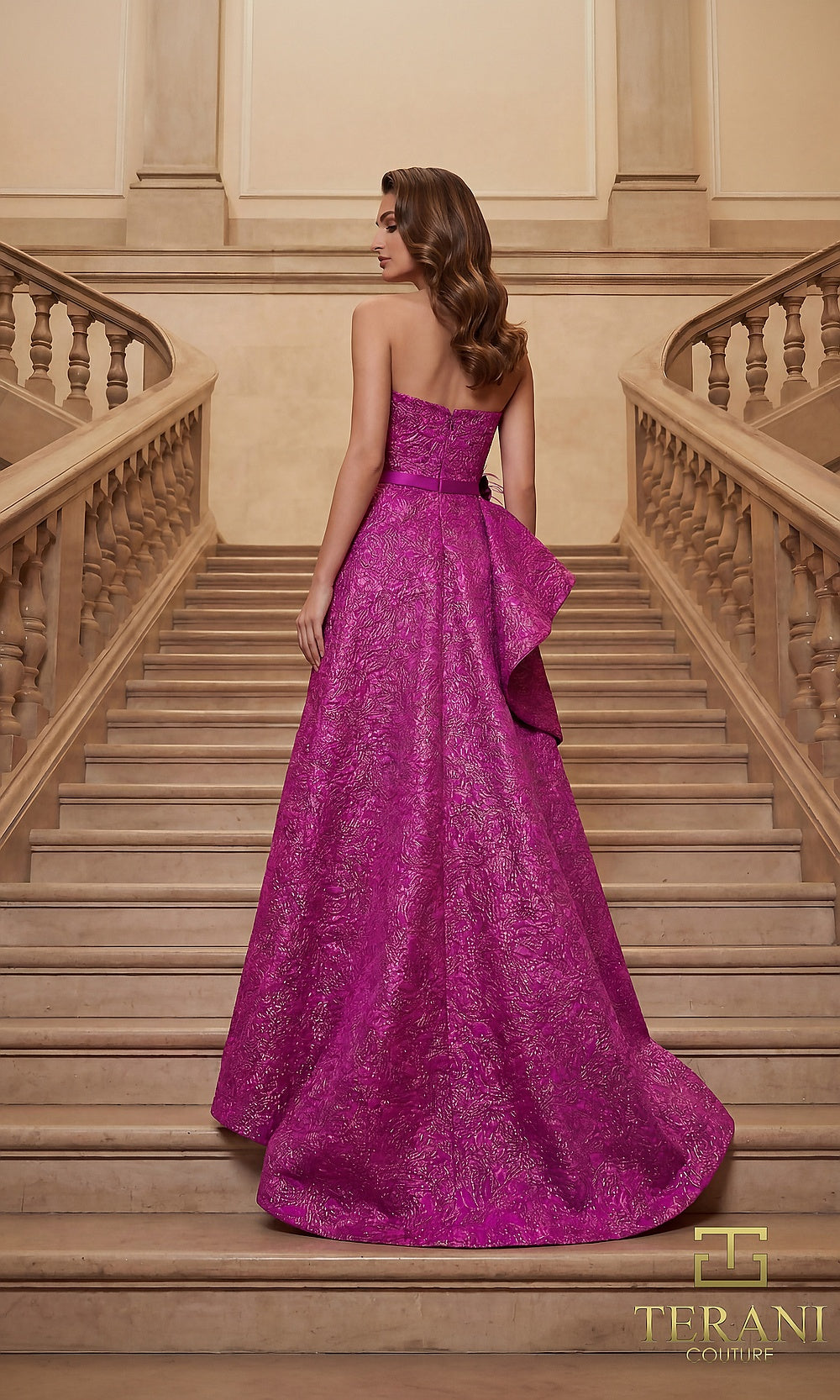 Terani Couture 262E7355 Fuchsia formal evening dress back view with strapless jacquard A-line, sculpted ruffle overskirt, gala gown