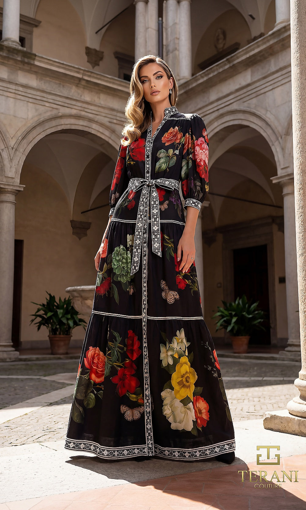 Terani Couture 262E7508 Black Multi formal evening kaftan dress front view with floral print chiffon kaftan maxi, button front, embroidered trim and belt, three-quarter sleeves, black tie event dress