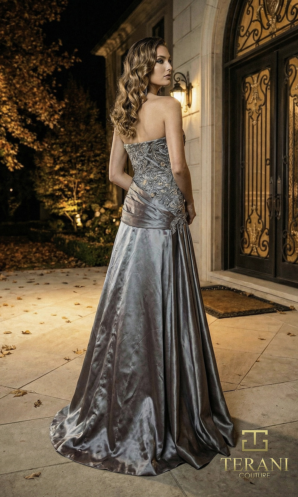 Terani Couture 262E7530 Slate Blue formal evening dress back view with strapless beaded lace bodice, draped metallic satin overskirt, gala gown