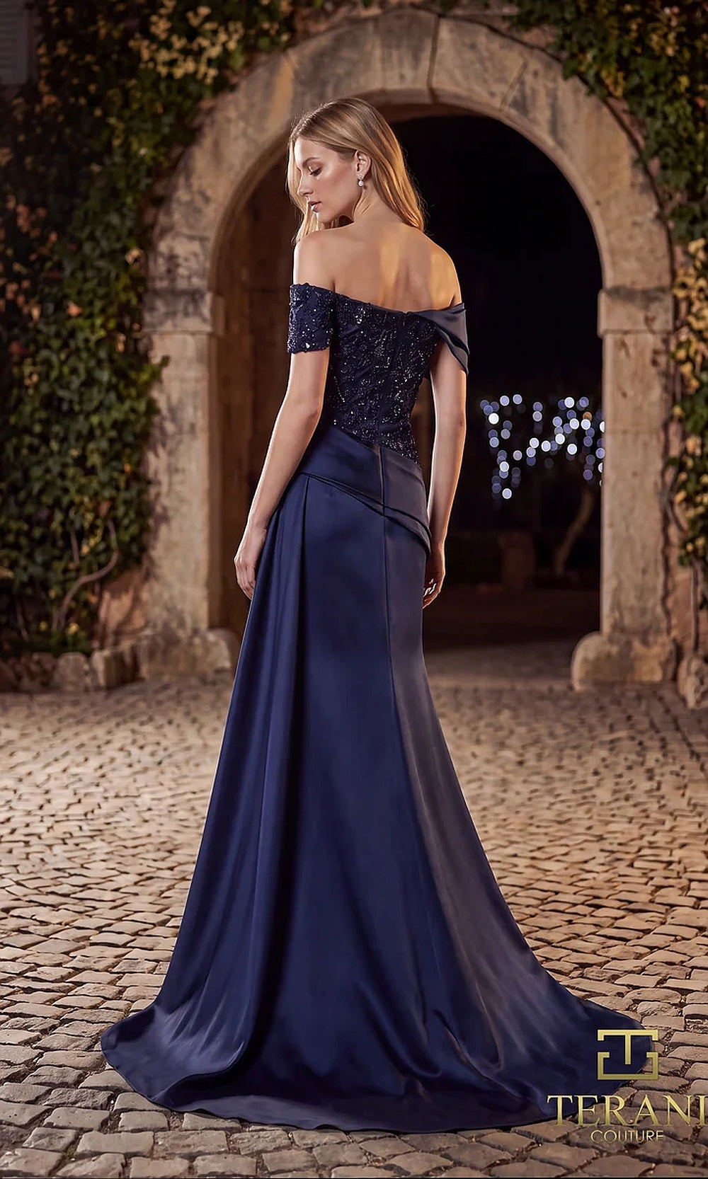 Terani Couture 262E7535 Navy formal evening dress back view with off-shoulder beaded bodice, satin mermaid train, evening gown