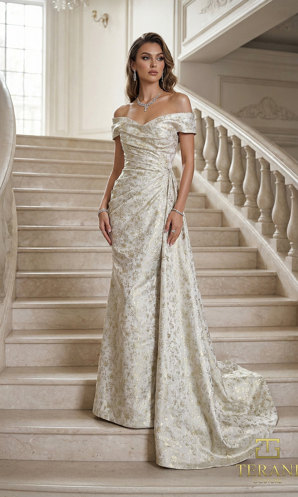 Terani Couture 262E7537 Champagne Gold formal evening dress front view with off-shoulder portrait neckline, ruched metallic brocade fitted mermaid with side drape, black tie event dress