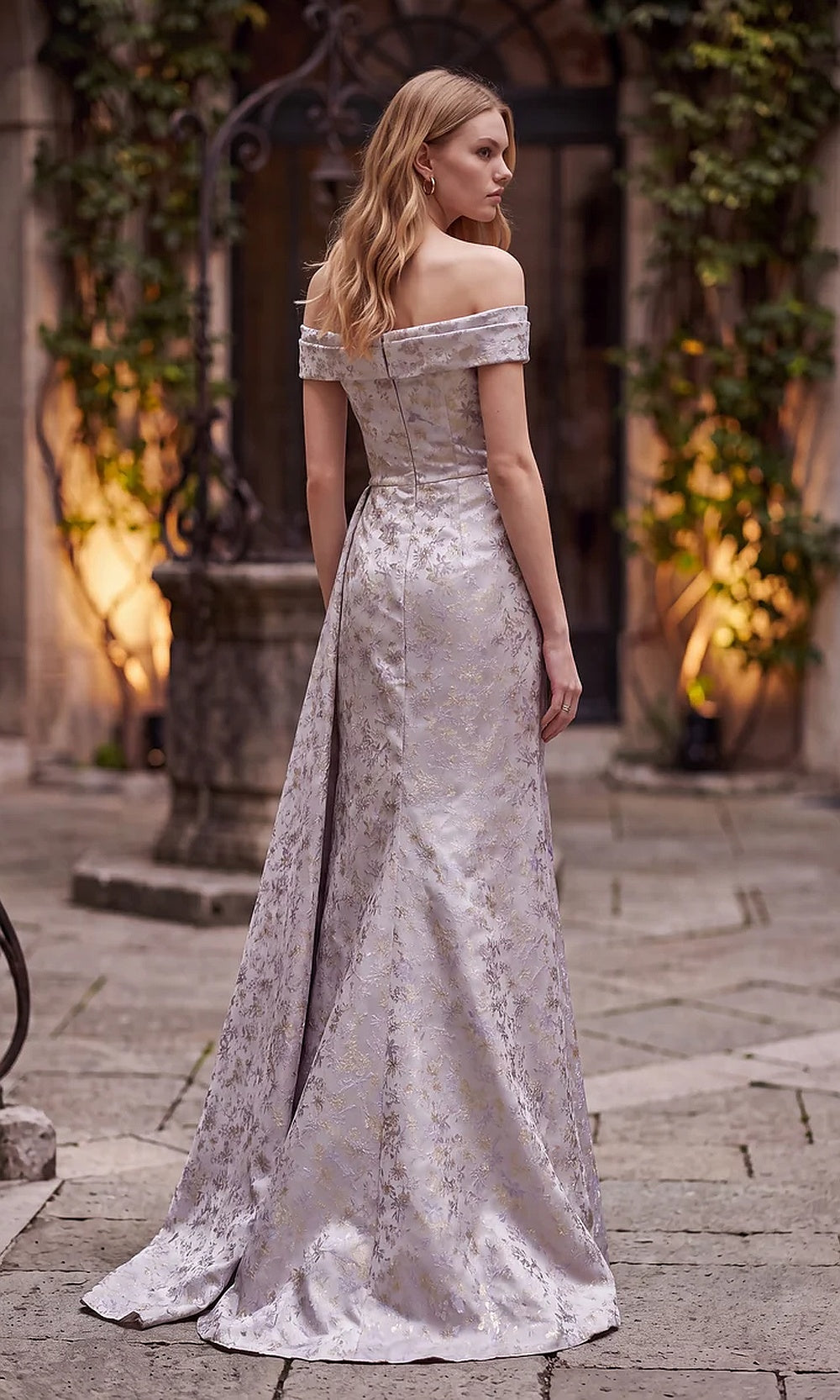 Terani Couture 262E7537 Mauve formal evening dress back view with off-shoulder metallic brocade mermaid, sweep train, gala gown