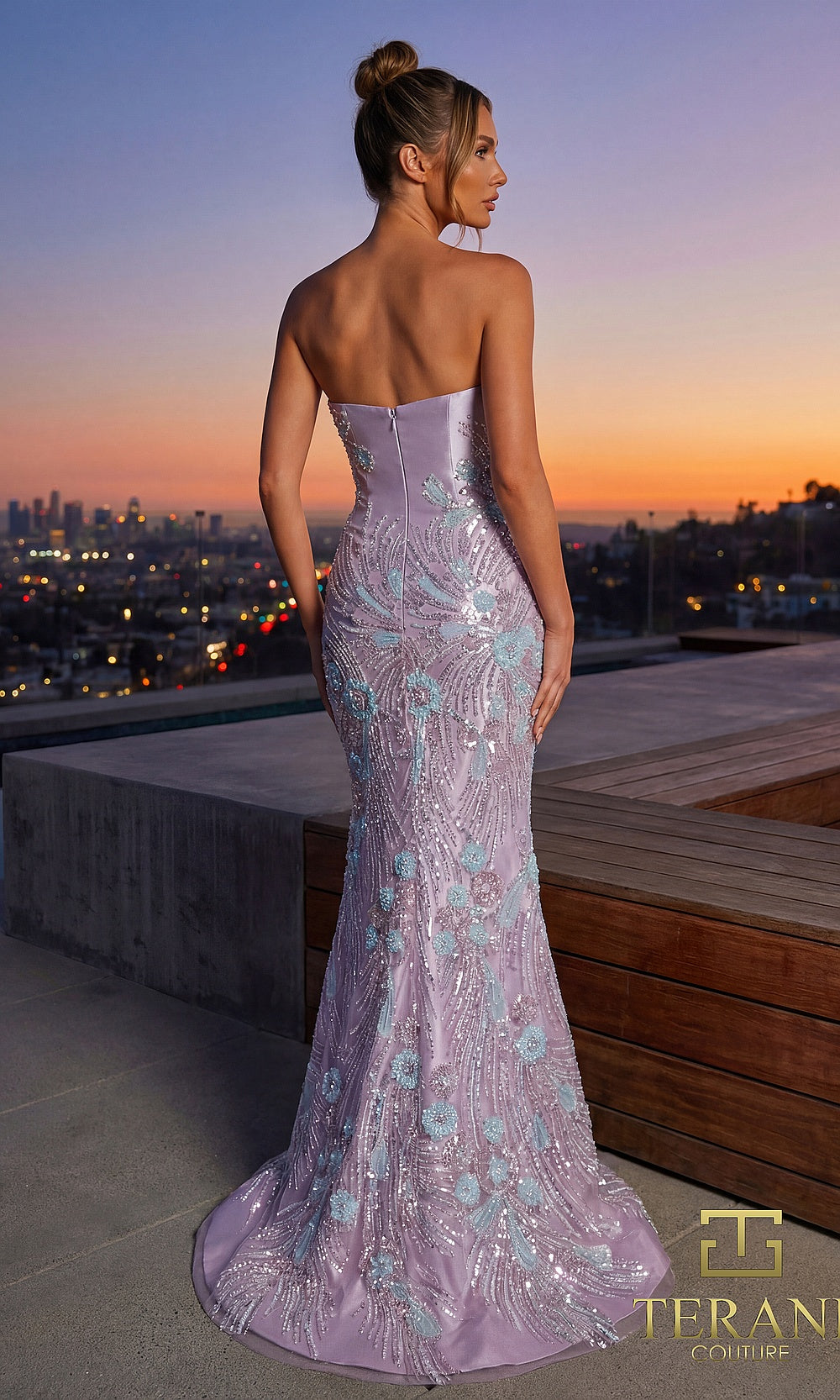 Terani Couture 262E7542 Orchid Ice Blue formal evening dress back view with strapless embroidered sequin mermaid, gala gown