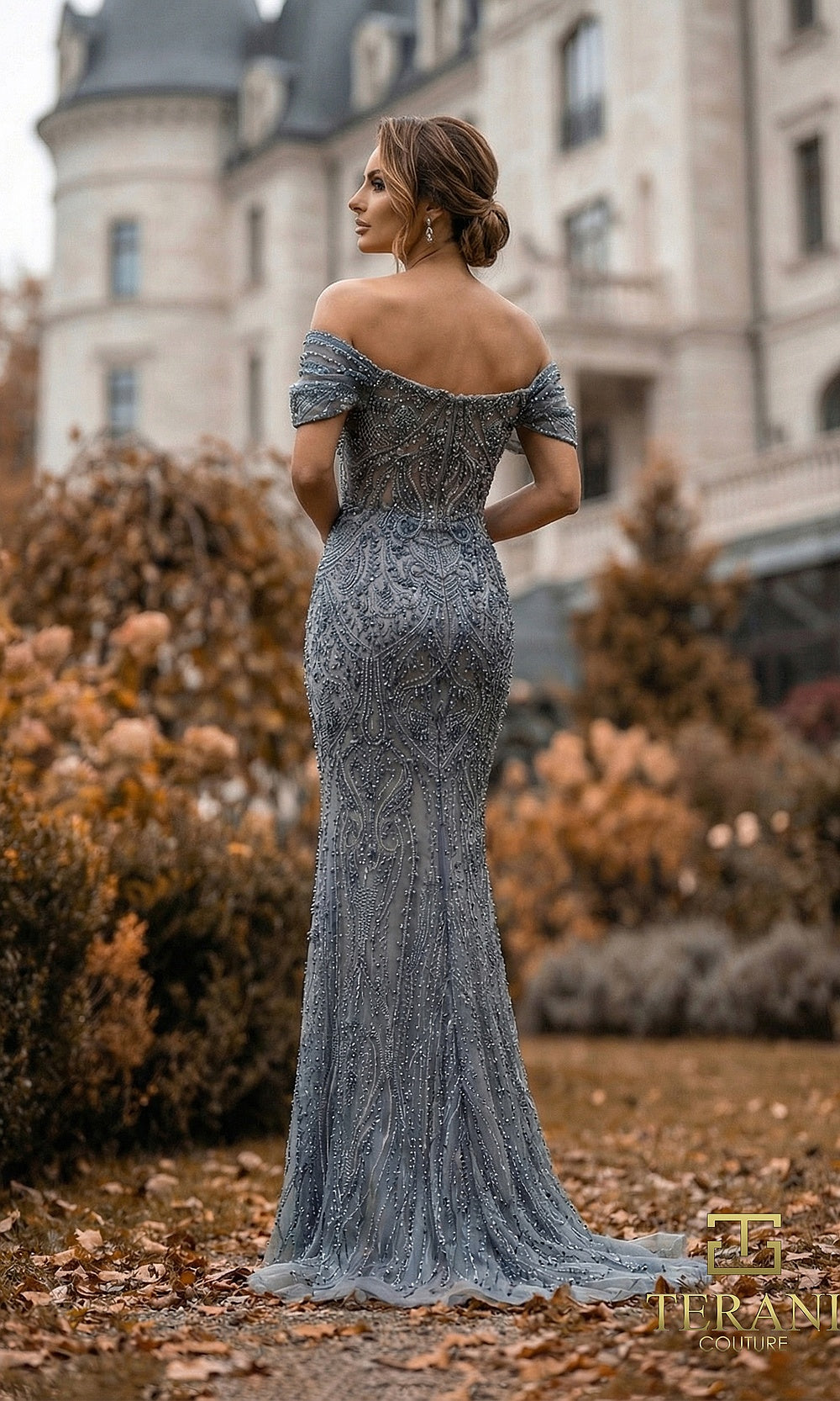Terani Couture 262GL7169 Gunmetal Nude formal evening dress back view showing the full-length silhouette with off-shoulder fully beaded mermaid, gala gown