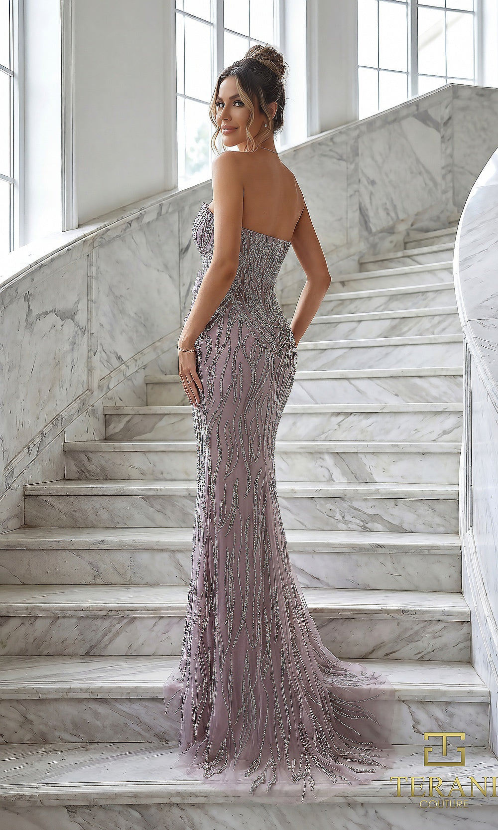 Terani Couture 262GL7180 Heather formal evening dress back view showing the full-length silhouette with one-shoulder beaded feather-textured mermaid, gala gown