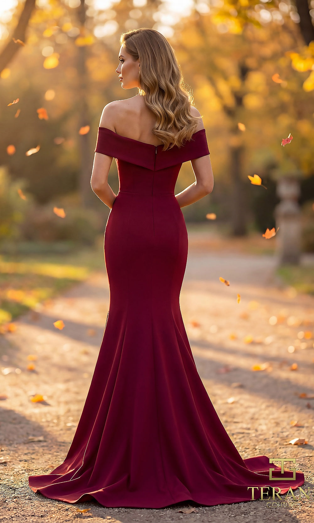 Terani Couture 262M7251 Cherry mother of the bride dress back view with off-shoulder crepe mermaid, sweep train, formal wedding celebration dress