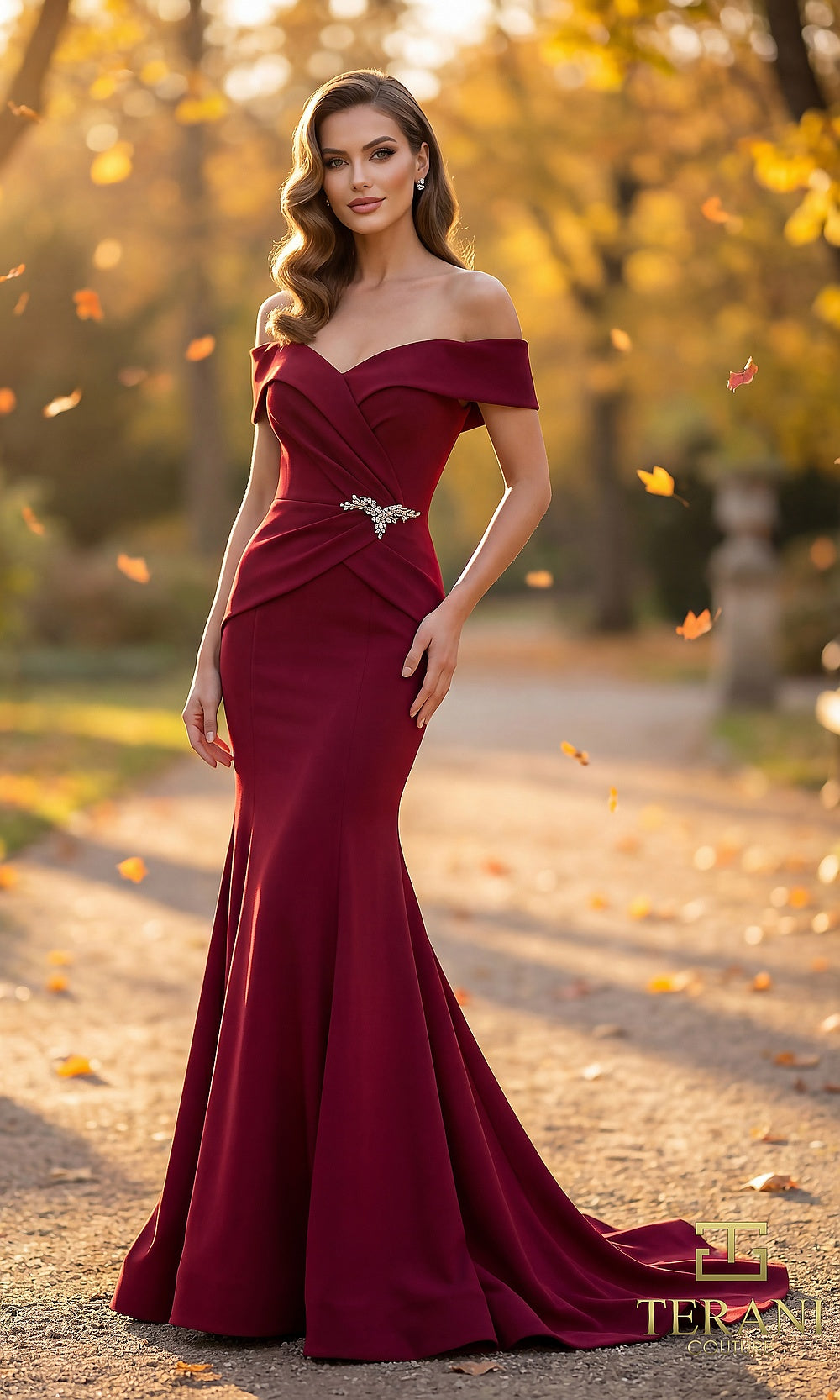 Terani Couture 262M7251 Cherry mother of the bride dress front view with off-shoulder sweetheart with ruched bodice and crystal brooch, crepe fitted mermaid with train, mother of the bride styling