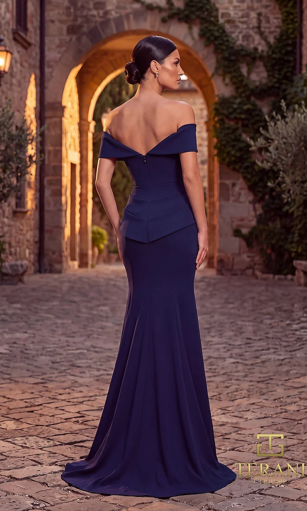 Terani Couture 262M7251 Navy mother of the bride dress back view with off-shoulder crepe mermaid, peplum waist detail, sweep hem, formal wedding celebration dress
