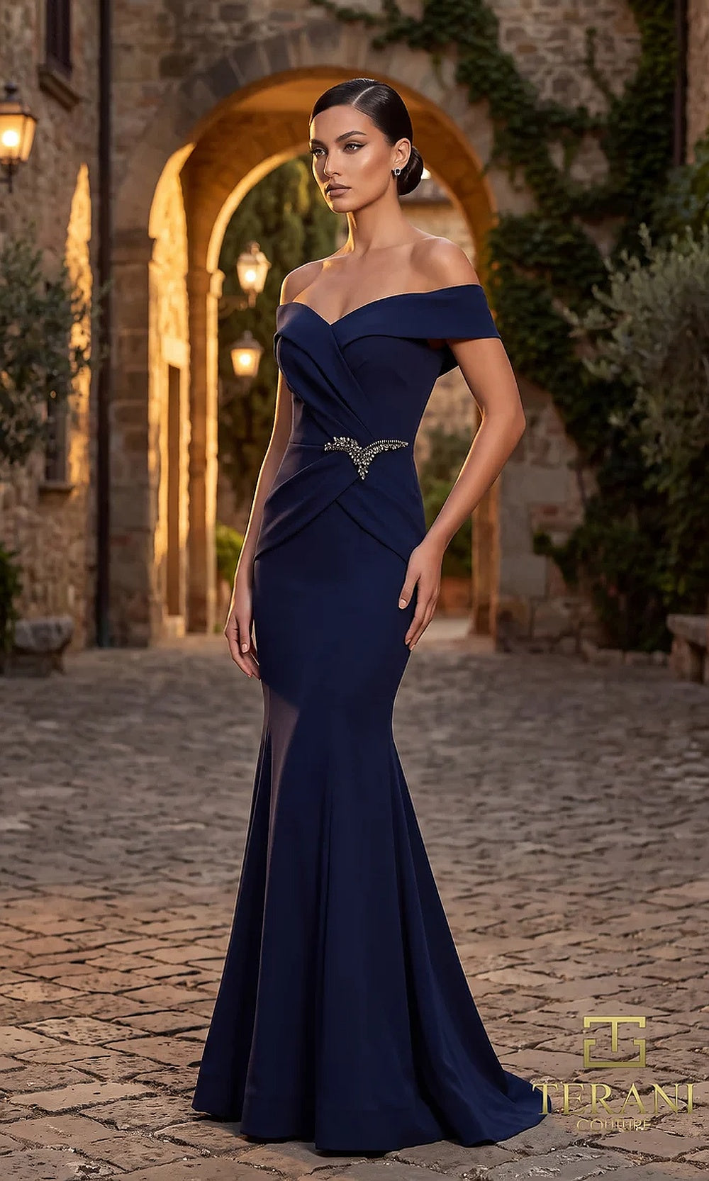 Terani Couture 262M7251 Navy mother of the bride dress front view with off-shoulder sweetheart with ruched bodice and crystal brooch, crepe fitted mermaid, mother of the bride styling