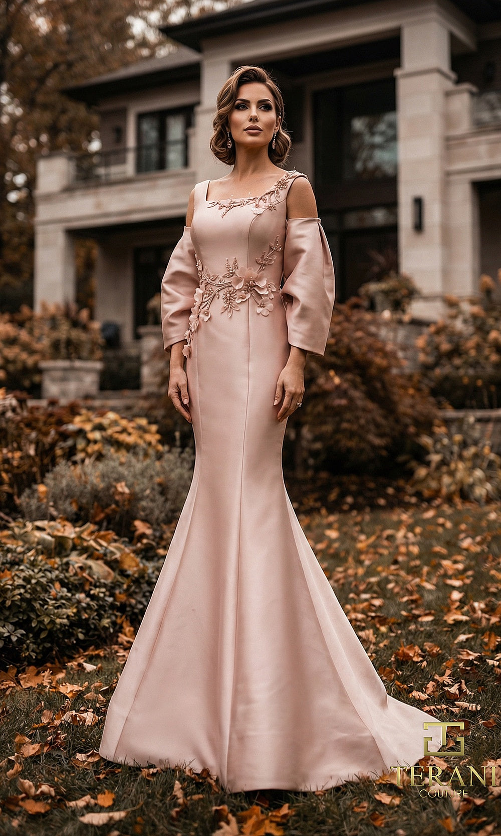 Terani Couture 262M7253 Rose mother of the bride dress front view with jewel neckline, three-quarter bishop sleeves, floral embroidered mikado mermaid, mother of the bride styling