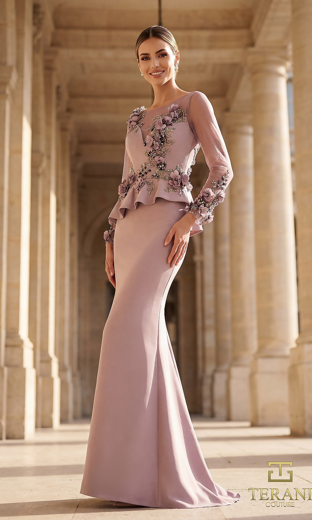 Terani Couture 262M7257 Mauve mother of the bride dress front view with illusion bateau neckline, sheer long sleeves with 3D floral appliqué, peplum crepe mermaid, mother of the bride styling