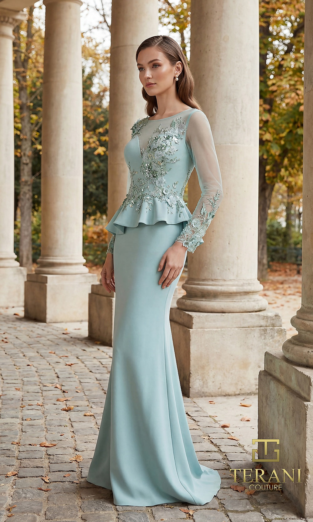 Terani Couture 262M7257 Sage mother of the bride dress front view with illusion bateau neckline, sheer long sleeves with beaded appliqué, peplum crepe mermaid, mother of the bride styling