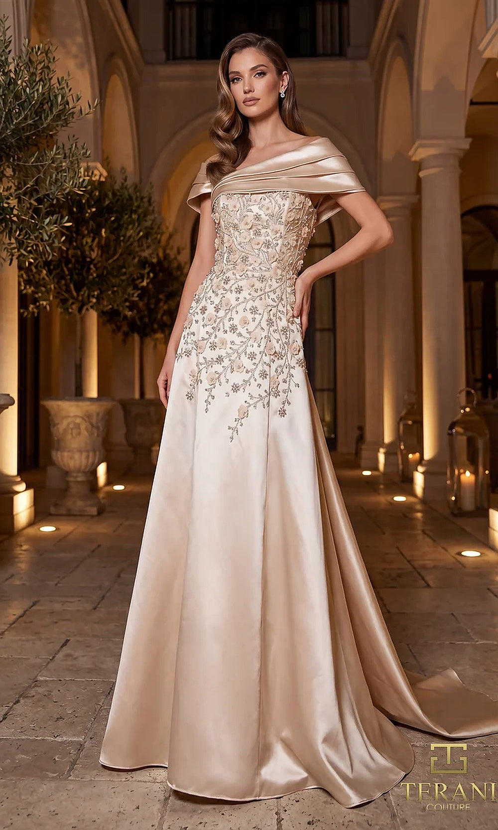 Terani Couture 262M7258 Champagne mother of the bride dress front view with off-shoulder folded portrait neckline, beaded embroidered bodice, satin A-line with train, mother of the bride styling