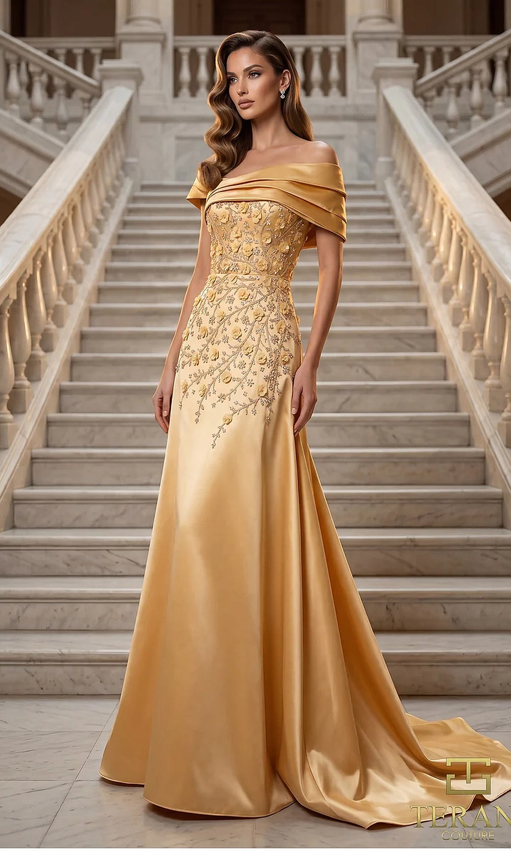 Terani Couture 262M7258 Gold mother of the bride dress front view with off-shoulder folded portrait neckline, beaded embroidered bodice, satin A-line with train, mother of the bride styling