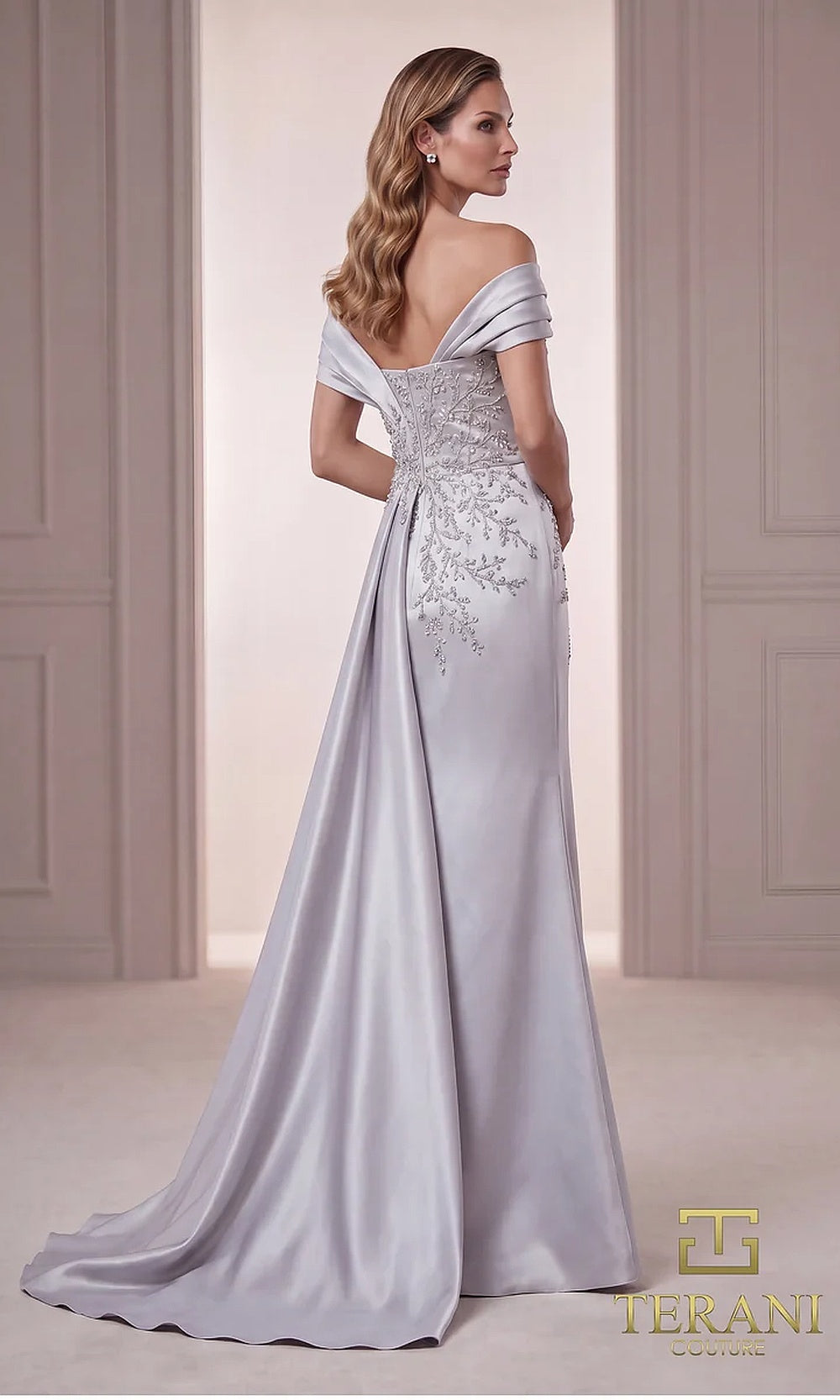 Terani Couture 262M7258 Silver mother of the bride dress back view with off-shoulder folded neckline, beaded embroidered bodice, satin A-line with watteau train, formal wedding celebration dress