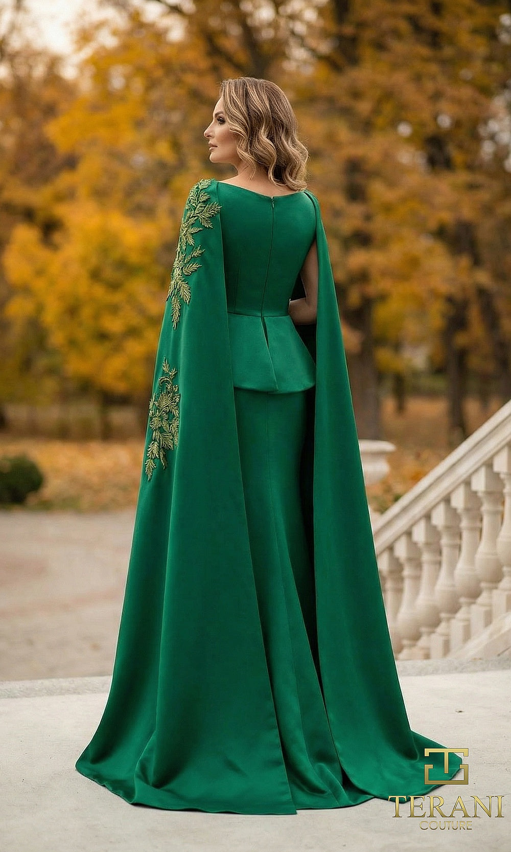 Terani Couture 262M7260 Hunter mother of the bride dress back view with crepe column with flowing cape sleeves, beaded appliqué, formal wedding celebration dress