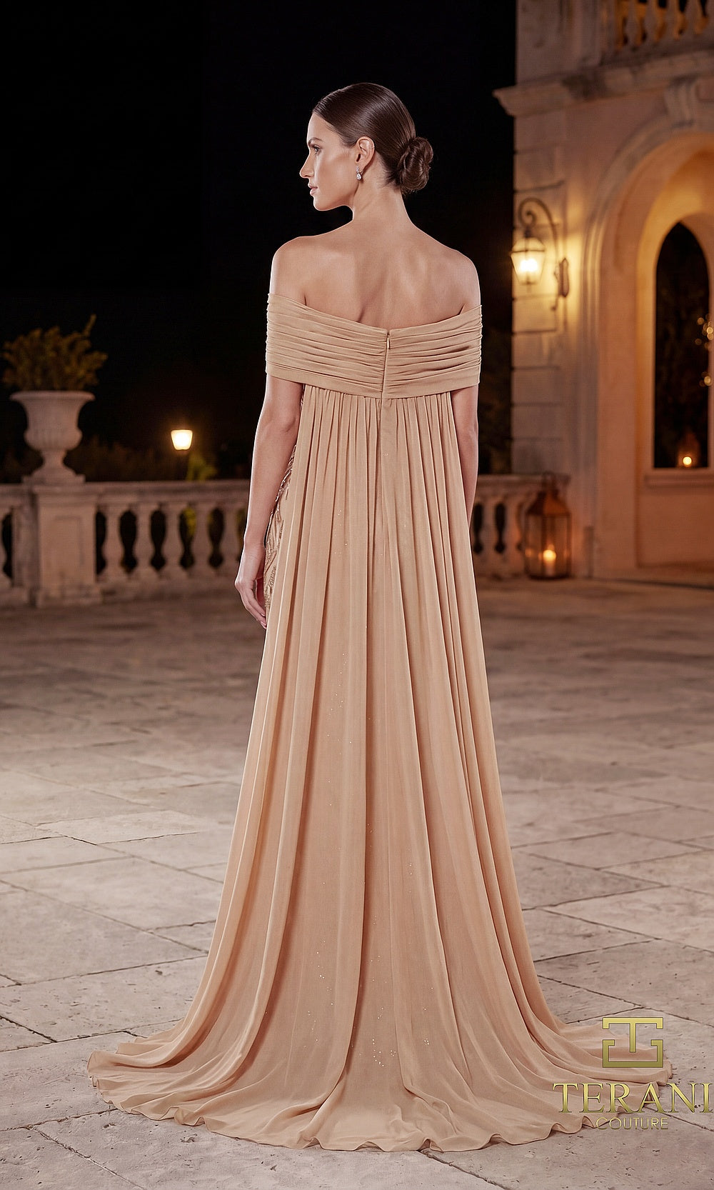 Terani Couture 262M7264 Champagne mother of the bride dress back view with off-shoulder ruched chiffon column, cascading back panel train, formal wedding celebration dress